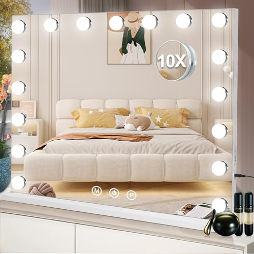 Saimeihome sminkspegel med belysning, Hollywood-spegel med 17 dimbara LED, 3 färglägen, bordsspegel med touch-kontroll, USB-laddningsport och 10-vägs förstoringsglas – 80 x 60 cm vit
