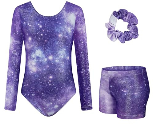 JiAmy Gymnastics Leotards for Girls with Shorts Set, Long Sleeve Kids Gymnastics Athletic Outfit for Kids 3-12 Years