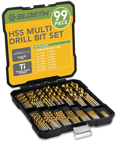 BLOSTM Juego de Brocas HSS - 99 Piezas, Tamaños Métricos de 1 a 10 mm, Recubiertas de Titanio, para Metal, Madera y Plástico, en Estuche de Brocas Etiquetado