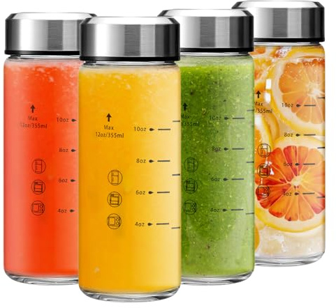 Olivego 12oz Juice Bottles - 4 Pack Wide Mouth Glass Bottles with Lids- BPA Free, Stainless Steel Lids for Juicing, Smoothies, Infused Water, Beverage Storage - Leakproof, Borosilicate, Clear