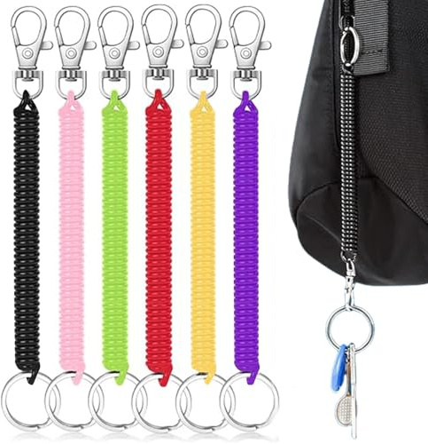 Luxiremi 6 llaveros elásticos en espiral con diseño retráctil y mosquetón, llaveros a prueba de robo para hombres, llaves, cartera, teléfono, mochila y herramientas de pesca