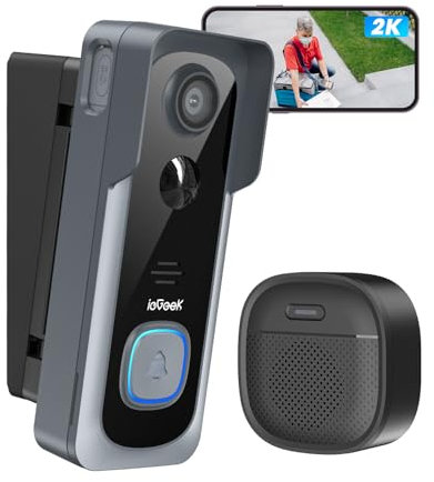 ieGeek 2K Sonnette sans Fil avec Camera avec Support d'angle De Sonnette Réglable, Sonnette Vidéo Gris aucuns Frais Mensuels, Détection De Mouvement PIR, Changeur De Voix, WiFi 2,4G