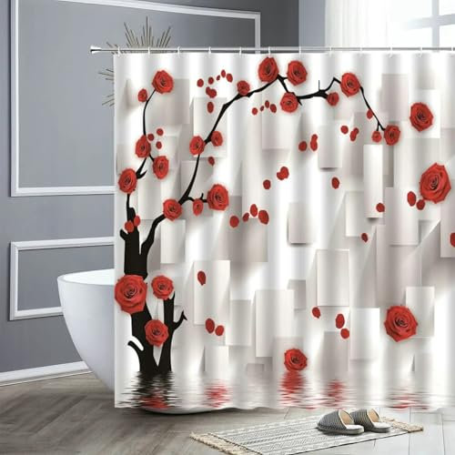 JGGXHM Cortina de Ducha con Estampado Floral, decoración de baño con Flores Rojas, Tela Impermeable para baño, Divisor de bañera, Cortinas Colgantes con Ganchos 175x200cm/WxH