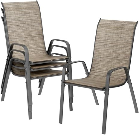 LIFERUN Lot chaises de Jardin empilables à Dossier Haut - Structure en Acier textilène - pour Jardins, Cours, balcons, Restaurants - Charge maximale : 150 kg - 54 x 69 x 93 cm (4, Lin Brun)