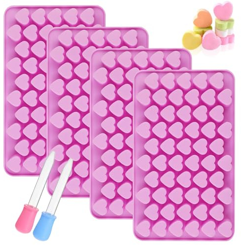 YXHZVON 4 Piezas Moldes de Silicona con Forma de Corazó, Mini Molde de Chocolate de 55 Cavidades y 2 Goteros, 3D Moldes Dulces de Silicona para el Amor para Hacer Gomitas, Caramelos, Chocolate