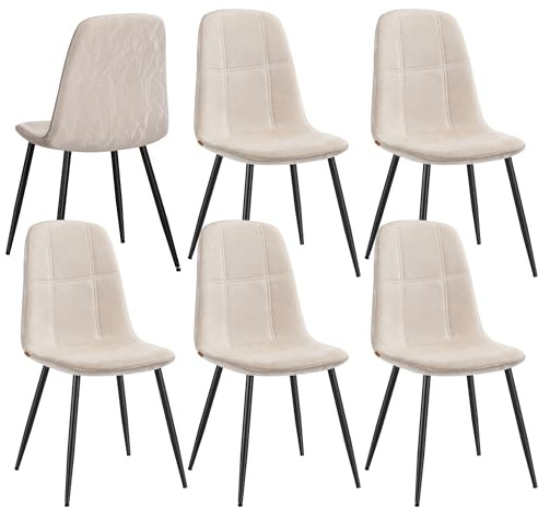 VASAGLE Chaises de Salle à Manger, Lot de 6, Tissu Chenille | Support Métallique, PU Texturé Glacé, Pieds Réglables, Nettoyage Facile, Blanc Crème