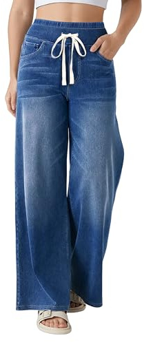 Fengbay Pull on Wide Leg Jeans for Women UK, Ladies High Waisted Stretchy Straight Drawstring Baggy Trendy Tummy Control Leg Jeans Denim Pants