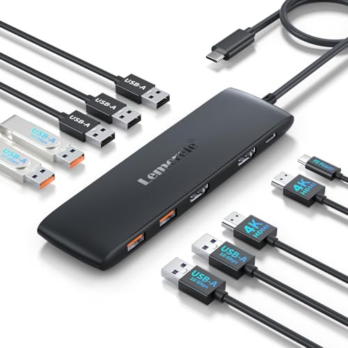 Lemorele USB C dockningsstation 2 bildskärmarnav, 10-i-1 USB-adapter med 2 x 4K HDMI, 3 x USB 3.2 (10 Gbps)/3 x 2,0, PD 100 W för MacBook Pro/Air/Dell/HP/Lenovo