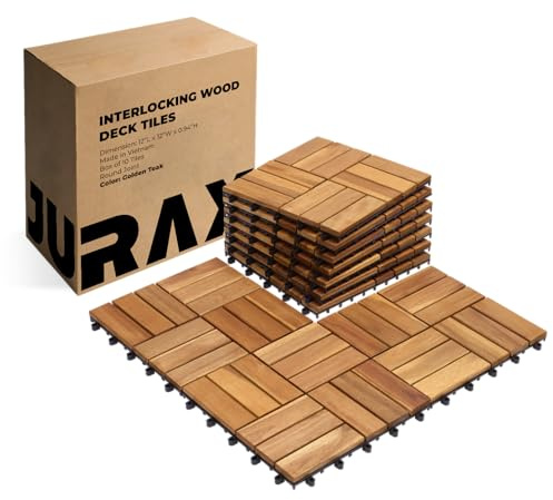 Premium Patio Deck Tiles, 10 PCs 12”x12” Snap Together Patio Flooring for Outdoor, Balcony, Porch, Poolside, Waterproof All Weather (Golden Teak)