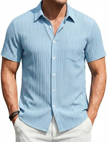 Enlision Camisa Hombre Azul Manga Corta Formales con Bolsillo Camisas Vestir Verano de Ocio Hombre Ajuste Regular L