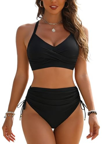 ADUDVLO High Waisted Bikini Set for Women,Tummy Control Two Piece Swimwear, Padded V Neck Push Up Top, Sexy Crisscross Tie Back Swimsuit Bathing Suits