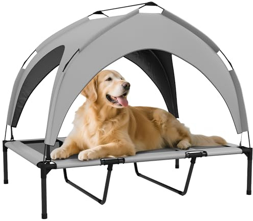 PawHut Cama para Perros Elevada con Toldo, Cama para Perros Grandes, Refrescante y Transpirable, 106x76x94 cm, con Marco de Acero y Bolsa de Transporte, para Interior y Exterior, Gris Claro