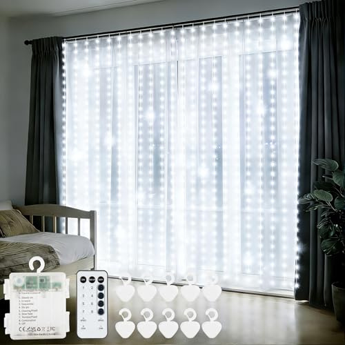 echosari 300 LED Lichtervorhang Batteriebetrieben 3M×3M Weiß mit Timer