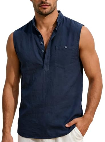ATRACTIVOLL Linne Herr Hawaiian Linne Skjorta Strand Henley ärmlös T-shirt Andningsbar Basic Tank Top Fritid Sport Västar med Ficka Gym Gym Fitness