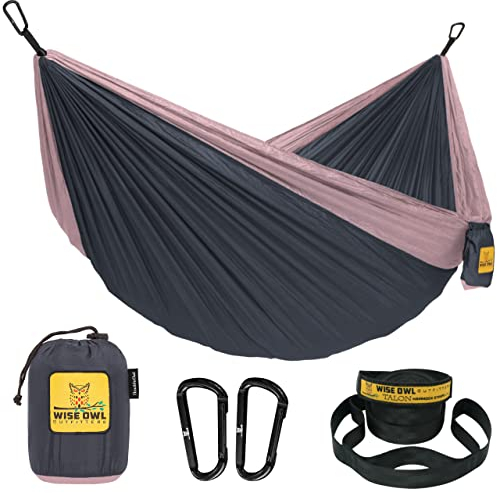 Wise Owl Outfitters Hammock for Camping Double Hammocks Gear for The Outdoors Backpacking Survival or Travel - Portable Lightweight Parachute Nylon DO Charcoal Rose
