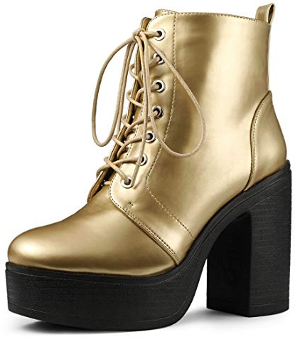 Allegra K Women's Platform Chunky High Heel Lace Up Combat Boots Gold 7 UK/Label Size 9 US
