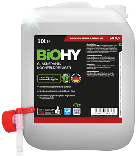 BiOHY Detergente per piani cottura in vetroceramica (Lattina da 10 Litri) + Rubinetto di scarico | Ottimo per la pulizia e la cura del piano cottura e per l’induzione (Kochfeldreiniger)