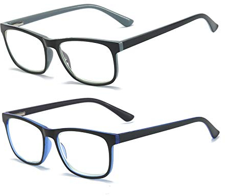 MMOWW Confezione da 2 Occhiali da Lettura Donna Uomo, Anti Luce Blu Rettangolari Occhiali con Cerniere a Molla (Grigio + Blu Scuro, +3.5)