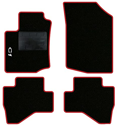 QUEMAR Tappetini Auto compatibili con Citroen C1 2005-2013 / Kit Tappeti in Moquette e Gomma su Misura (Set 2 Anteriori + 2 Posteriori) / Ricami e Colori Personalizzati (Bordo Rosso, 1 Ricamo)