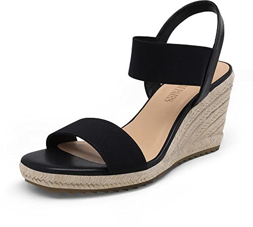 DREAM PAIRS Damen-Espadrilles mit offener Zehenpartie, elegante Plateau-Sandalen zum Hineinschlüpfen, elastische Knöchelriemen, Keilabsatz-Sandalen,Size 37,Schwarz,SDPW222W