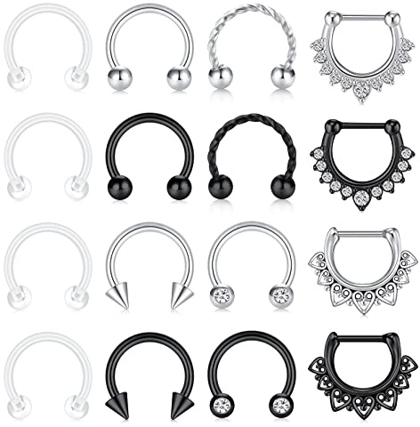 incaton 1.2mm Septum Rings 16G Septum Piercings Jewellery 16Pcs Stainless Steel Septum Horseshoe Ring CBR Labret Monroe Helix Tragus Earrings Body Piercing Jewellery for Women Men