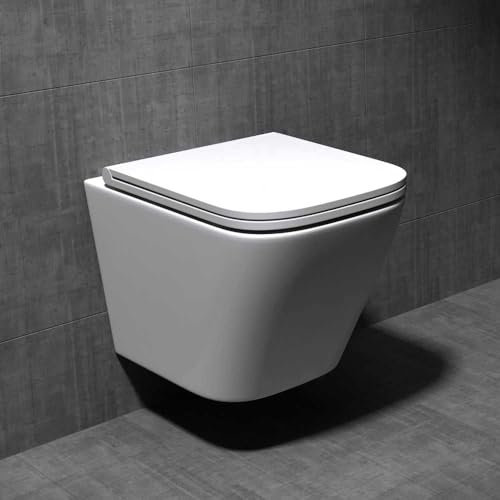 Square Wall Hung Toilet Rimless Pan - Heavy Duty Soft Close Seat