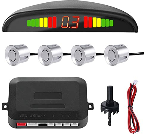MOCNT Car Reverse Parking Sensors Car Rear Reverse Parking Radar System Car Parking Sensor Kit 4 Rear Sensor Auto Sound Alarm Alert Reverse Backup Radar Display Silver