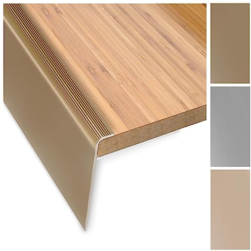 casa pura Treppenkantenprofil 100cm in F-Form aus Aluminium für Laminat | Safety | Bronze Hell | Vorgebohrte Kantenleiste 53mm Höhe mit einer Einfasshöhe von 7-8mm