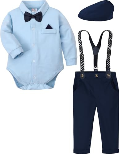 mintgreen Baby Bambino Abito Gentiluomo Matrimonio Vestiti Formale Camicia Set Bretelle Fiocco Cravatta con Cappello, Blu, 3-6 Mesi, 60