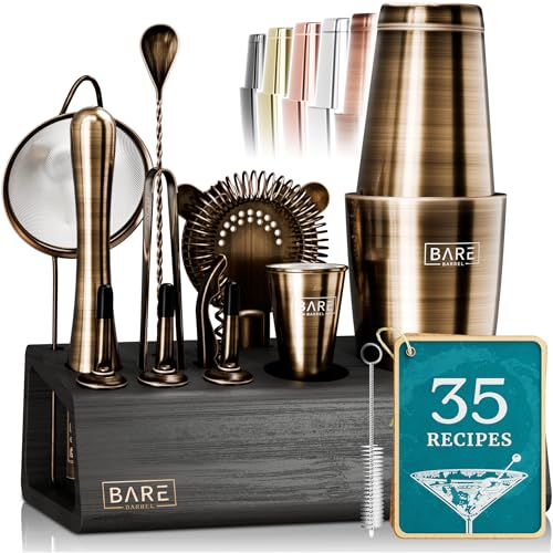 BARE BARREL® Cocktail Making Kit | 14-Piece Bartender Kit Cocktail Shaker Set Maker | Bamboo Display Stand & 35 Recipe Cards | Mixology Cocktail Gift Set (800ml/28oz Boston Shaker, Brass/Black)