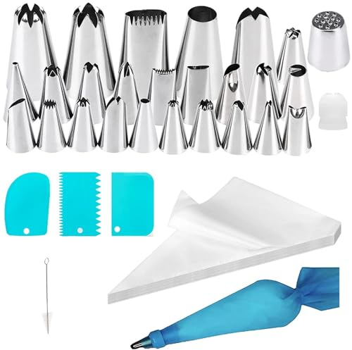 Cake Decorating Icing Nozzles Set, Edelstahl Piping Nozzles Tips + Silicone Piping Bag + Coupler + Plastic Scrapers für die Herstellung von Torten Cupcakes Cookies(Mehrfarbig)