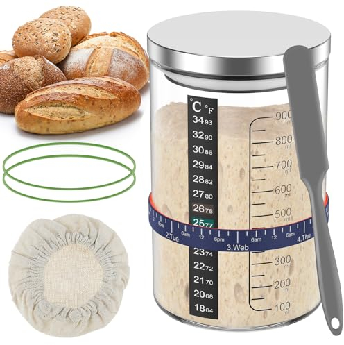 Eummy 5Pcs Sourdough Starter Jar Kit with Scale 900ml Large Capacity Sourdough Starter Container with Lid Spatula Feeding Band Reusable Glass Sourdough Fermentation Jar for Baking Culture Bread Yeast