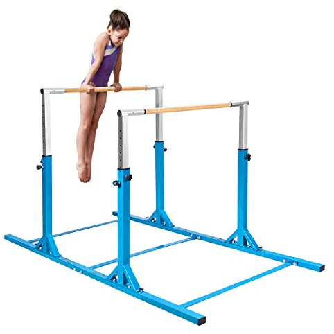 GYMAX Barre Doppie per Ginnastica, Allenamento Ginnico in Acciaio, Larghezza e Altezza Regolabile, Carico 120 kg+, Barra Ginnica per Bambini da 6 a 12 Anni, Ideale per Palestra, Casa (Blu)