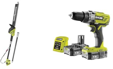 Ryobi ONE+ 18V OPT1845 Cordless Pole Hedge Trimmer, 45cm Blade (Body Only) & R18PD3-215GZ 18 V ONE+ Cordless Combi Drill Starter Kit (2 x 1.5 Ah), Hyper Green