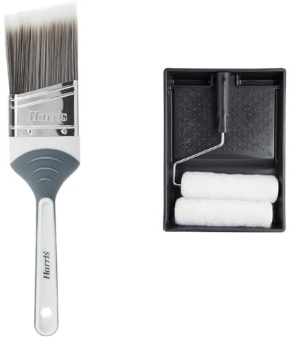 Harris Seriously Good Walls & Ceilings Cutting In Angled Paint Brush 2 & 101092005 Essentials Walls & Ceilings Twin Set | 1 x Tray, 1 x Frame, 2 x Roller Sleeves | 9
