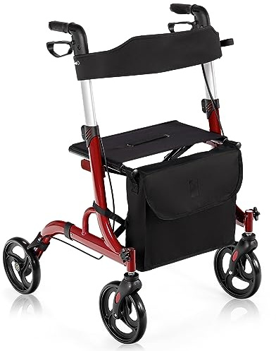 HOMASIS Rollator faltbar und leicht mit Sitz, höhenverstellbare Gehhilfe mit 2 Bremsen, Wohnungsrollator aus Alu, Laufhilfe mit Stockhalter & Tasche, Gehwagen für Senioren, 150 kg belastbar (Rot)