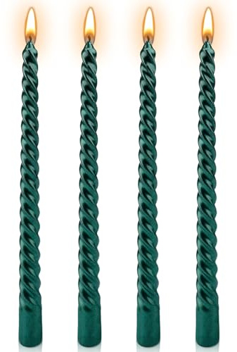 Green Candles, 10'' Green Taper Candles, Set of 4 Spiral Twisted Dinner Candles, Non-Drip 7 Hour Burn Time Unscented Decorative Candle Sticks for Valentine's Day Christmas Birthday Party Home Decor