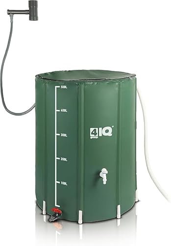 4IQ Group Faltbare Regentonne 500 Liter - Regenfass aus 600D PVC mit Wasserschlauch mit Anschluss - Regentank Garten mit Deckel, Überlaufschutz und Verstärkungsring - Regenwasserbehälter Wetterfest