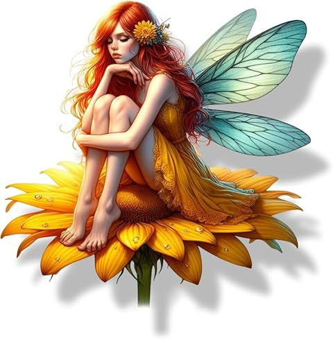 Yellow Fairy Sitting on Flower Vinyl Decals, Fantasy Floral Wall Stickers | Cover Marks, Opaque Finish, No White Edges, Weatherproof, UK Manufactured, Qty:4, Use on Phones, Laptops, Cars and Toilet
