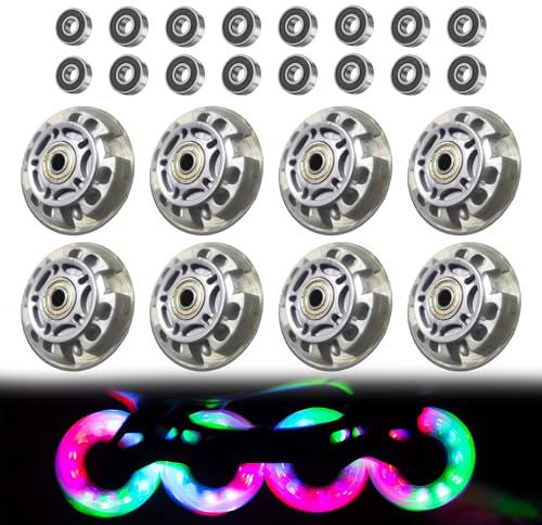LEKEFETO 8 pièces Roues alignées, 72 mm roues inline transparentes argentées, pièces de patin à roulettes avec 16 roulements à billes, Universel pour tous les types de patins à roulettes