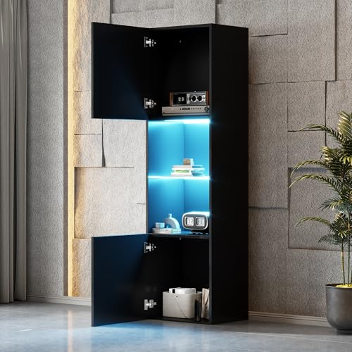 Idemon Vitrina negra de alto brillo con iluminación ambiental, 1 estante de cristal, 45 x 35 x 160 cm, vitrina independiente, armario alto, armario de almacenamiento