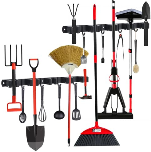 2 Stück Besenhalterung Wand, 10 Halter + 8 Haken Edelstahl Gerätehalter, Selbstklebend Gartengerätehalter and Besenhalter, Schwarz Wandhalterung Aufhängung Gartengeräte für Besen,Halterung Gartengerät