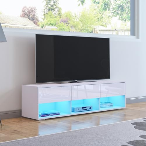 TV Stand Cabinet, 150cm Modern High Gloss TV Unit with LED lights, White | with 3 Drawers & 3 Open Shelves, Entertainment Unit, Storage Furniture for Living Room Bedroom Office Home