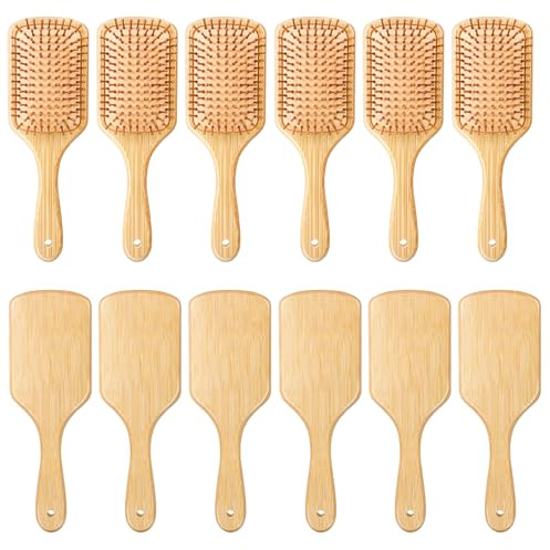 Kifmurase 12 Pcs Bamboo Hair Brush Bulk Natural Wooden Paddle Brush Scalp Massage Bamboo Bristles Anti Static Wooden Hairbrush for Women Men Wedding Gift, Stimulates Scalp for Hair Growth