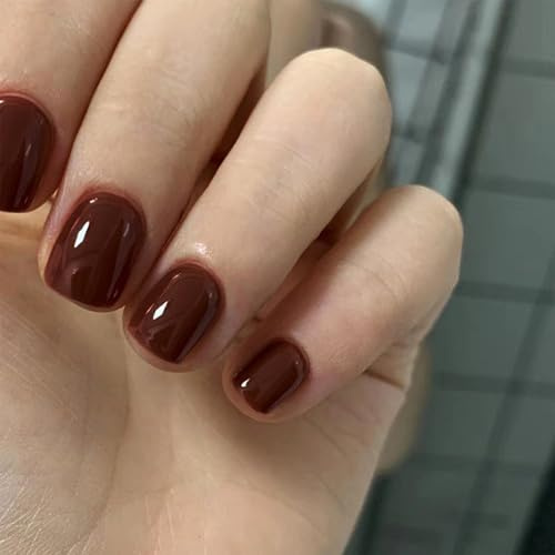 OuryTech Press On Nails, 24 pezzi di unghie artificiali adesive in forma quadrata, unghie finte di colore rosso-bruno per manicure autunnale e invernale