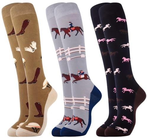 Qoibraze 3Pairs Horse Riding Socks for Women Men Funny Equestrian Knee High Socks Riding Western Boot Sock for Horse Lovers