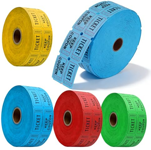 BAIFULAI Lot de 4 rouleaux de tickets Double Raffle : 4000 pièces Rouleaux de tickets colorés numérotés pour événement de fête, récompense de prix, collecte de fonds, carnaval, boutiques, bar, mariage