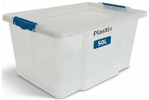 Plastix 50L storage box containers with lids (Pack of 1),Really useful plastic box for Store Home & Office stuff Stackable [UK Made]