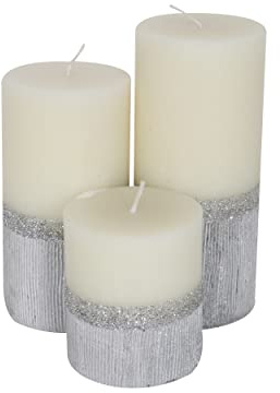 Laeto 3 Unscented Pillar Candle Set | Wedding, Party, Birthday Candles - Silver/White Two Tone Coloured Gift Set
