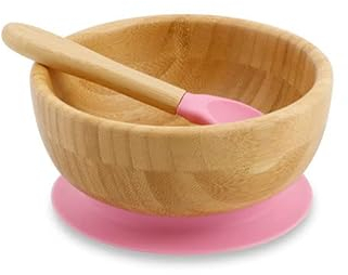 BIOZOYG Rundes Bambus-Schüssel-Set I Saugnapf-Schale mit Löffel – FSC-zertifiziert I Schüssel-Set für Kinder – Breischüssel für Babys & Müsli I Bambusgeschirr rund rosa